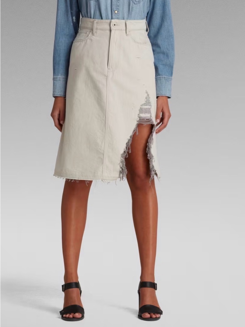 G-Star RAW 3301 A-Line Midi Ripped Denim Skirt Ecru Attack NWT 28